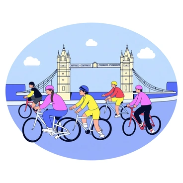 A group of cyclists riding across London Bridge. The cyclists are diverse in appearance, wearing colorful helmets and cycling gear. The sun shines brightly, casting clear shadows on the bridge's pavement. In the background, the iconic towers of the bridge rise against a blue sky with a few fluffy white clouds. The scene captures a sense of movement, with some cyclists pedaling swiftly and others enjoying a leisurely pace.
