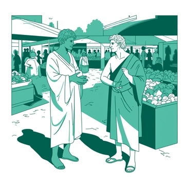 A teal Aristotle, dressed in a flowing white toga, is engaged in a thoughtful conversation with a fellow philosopher who is wearing a white robe and has curly hair. They stand among various stalls in a bustling marketplace filled with vibrant activity. In the background, merchants display an array of colorful fruits and vegetables, while shoppers move about, some carrying baskets. The sun casts dynamic shadows across the cobblestone ground where the two philosophers stand, deeply immersed in their discussion.