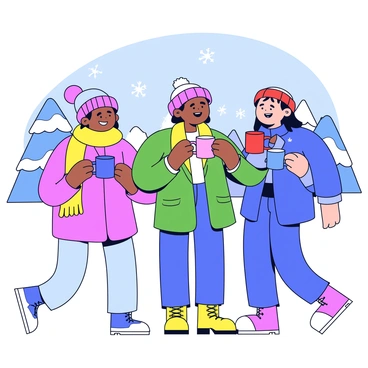 A group of three friends are standing together in a snowy winter setting. They are smiling and clinking their mugs of hot tea. Each mug is a different color: one is red, another is green, and the third is blue, all filled with steaming tea. The friends are wearing colorful winter clothing, including a bright yellow scarf on one and a knitted beanie on another. Snowflakes are gently falling around them, and the ground is covered with a thick layer of snow. In the background, there are snow-covered trees and a soft blue sky.