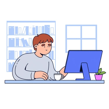 A person sitting at a desk in a home office. The individual is looking at a computer screen with a focused expression, indicating engagement in a virtual therapy session. The person has short brown hair and is wearing a light gray sweater. On the desk, there is a small potted plant and a cup of coffee. The background features a bookshelf filled with books and a soft light coming from a nearby window.