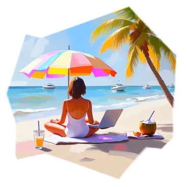 A person sitting on a soft sandy beach, working intently on a silver laptop. The individual has sun-kissed skin and is wearing light, casual clothing suitable for warm weather. Surrounding them are gentle waves lapping at the shore, and a few boats can be seen in the distance. A colorful beach umbrella provides shade, while a coconut drink sits nearby on a small towel. In the background, palm trees sway slightly in the breeze, enhancing the atmosphere of relaxation and freedom. The scene conveys a sense of economic independence and a harmonious work-life balance.