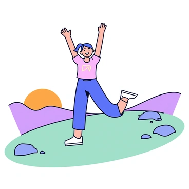 A person is standing on a grassy hilltop during sunrise. The sun is just peeking over the horizon, casting a warm orange glow across the sky. The person is wearing athletic clothing, with their arms raised high above their head. One leg is extended backward, showing a calf stretch. The surrounding landscape includes gentle slopes and a few scattered rocks. The atmosphere feels fresh and invigorating.