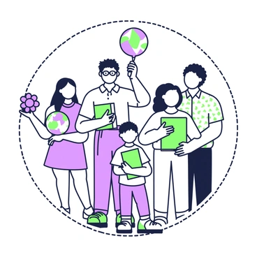 A group of five people is standing in a circle. Each person is holding a small object that represents their individuality. On the left, a woman with long hair holds a bright purple flower. Next to her, a man with glasses is gripping a small globe. To the right, there is a child holding a colorful kite above their head. Further along, a person with curly hair is cradling a green book close to their chest. Finally, the last individual, dressed in a patterned shirt, is holding a green chess piece. The circle formation highlights the connection among the individuals while showcasing their unique representations.