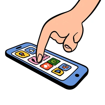 A close-up of a light-skinned hand with neatly manicured nails, with a fingertip hovering just above a smartphone touchscreen. The screen is bright and displays various colorful app icons in a grid layout. The background is softly blurred to emphasize the hand and the screen, creating a sense of anticipation and focus.