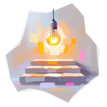 A lightbulb glowing brightly, suspended above a narrow gap in a series of ascending steps. The steps are arranged in a linear formation, each one slightly wider than the last. The light from the bulb casts a warm, inviting glow, highlighting the space in between the steps. Each step is textured with visible grain, and the overall scene conveys a sense of progression and discovery. The background is softly blurred to emphasize the illuminated gap.