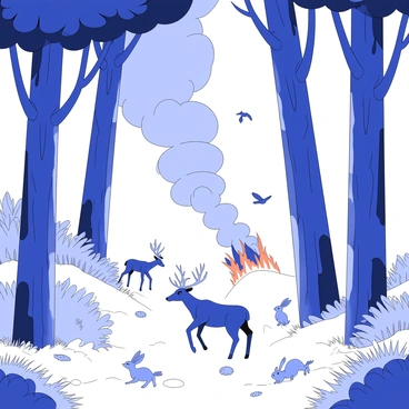 A forest fire is raging in a dense woodland. Tall trees are engulfed in flames, their bark charred and branches illuminated by the intense heat. Smoke billows upward, forming dark clouds that obscure the sky. In the foreground, various wildlife is visibly fleeing from the blaze; a deer is bounding away, while a family of rabbits scurries into the underbrush. Birds can be seen taking flight, their wings spread wide as they escape the chaos below. The ground is scattered with fallen leaves and branches, and the air is thick with the haze of smoke.