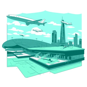 A teal futuristic airport is bustling with activity as sleek airships soar through the sky, some taking off while others gracefully land on the elevated platforms. The airships have shiny metallic surfaces that reflect sunlight, creating a shimmering effect. The airport features multiple levels with large glass panels revealing passengers inside, waiting excitedly. In the background, tall, modern buildings rise against the sky, adding to the advanced atmosphere. The runway is lined with bright lights, and a few small drones are seen assisting ground personnel in their tasks.