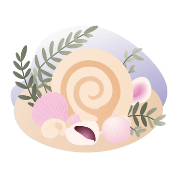 A digital flat illustration showcasing natural spirals created by seashells and ferns. The seashells are displayed in a variety of colors, including cream, beige, and light pink, arranged in a symmetrical pattern in the foreground. The ferns, with vibrant green fronds, surround the seashells, intertwining and curving to complement the spiral shapes. The background features a soft gradient that transitions from light blue at the top to a gentle sandy beige at the bottom, enhancing the natural theme of the composition.