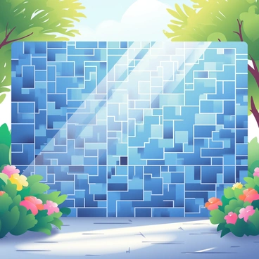 A dazzling blue mosaic wall is positioned prominently in an outdoor garden, catching the sunlight and creating vibrant reflections. The wall is composed of various shades of blue tiles, some shimmering with a glossy finish. Surrounding the wall are lush green plants with colorful flowers, adding contrast to the blue hues. Soft sunlight filters through the leaves of nearby trees, casting playful shadows on the ground. The scene is filled with the bright glow of the sun, enhancing the brilliance of the mosaic wall.