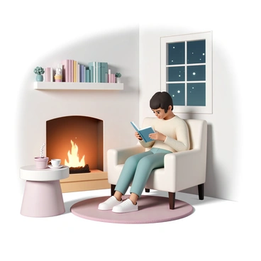 A person, wearing a soft, knitted sweater and comfortable pants, is sitting in an armchair by a crackling fireplace. The person has short, dark hair and is intently reading a book held in their hands. The flames flicker warmly, casting a soft glow across the room. A side table next to the chair holds a steaming cup of tea and a small potted plant. The walls are adorned with shelves filled with books, and a soft rug is laid out beneath the chair, enhancing the cozy atmosphere. A window nearby shows the night sky outside, with stars twinkling faintly.