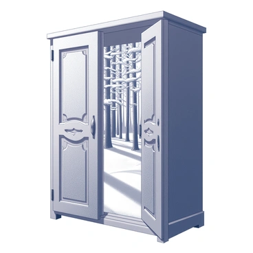 A wardrobe with intricate carvings on its wooden surface stands prominently. The doors are slightly ajar, creating a narrow opening. Beyond the doors, a snowy forest scene is visible, with tall trees covered in white snow, their branches heavy with frost. The ground is blanketed in a thick layer of snow, creating a serene atmosphere. Soft shadows hint at the depth of the forest, while faint silhouettes of additional trees can be seen further in the background. The overall composition captures a sense of wonder and invites exploration.