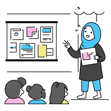 A Muslim girl wearing a bright blue hijab stands confidently on a stage in front of her classmates. She is holding a colorful poster board filled with images and text related to her school project. She has a joyful expression on her face as she points to a specific section of the board. The audience, consisting of diverse students, is seated in front of her, engaged and attentive. The background includes a simple curtain, emphasizing the focus on her and her presentation.