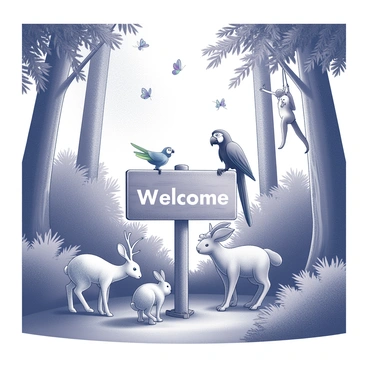 A dense jungle filled with tall trees and thick foliage. Various animals gather around a wooden sign that reads "Welcome." A parrot perches on top of the sign, while a monkey swings from a nearby branch. On the ground, a curious deer and a playful rabbit approach the sign, and colorful butterflies flutter in the air. The atmosphere is lively, with the animals interacting and exploring their surroundings.