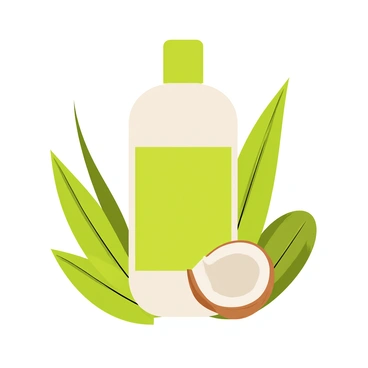 A shampoo bottle with a sleek design, featuring a bright green label. The bottle is positioned centrally, surrounded by a variety of lush green leaves. Fresh coconuts are placed next to the bottle, with their shells partially cracked open to reveal the white flesh inside. Aloe vera plants with long, thick, green leaves are arranged around the bottle, adding to the natural theme. The scene is filled with vibrant shades of green, highlighting the organic essence of the ingredients.