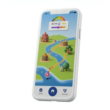 A mobile game interface displaying a user's progression flow through various levels. The screen shows a colorful map with interconnected paths leading to different level icons. Each level icon features distinct designs representing challenges, such as a castle for an adventure level and a forest for an exploration level. Progress is indicated by a glowing line connecting completed levels, with a user avatar placed at the starting point. Above the map, a progress bar filled with vibrant colors shows the user's overall advancement toward the next milestone. At the top of the screen, the user's score and achievements are prominently displayed in bold text.