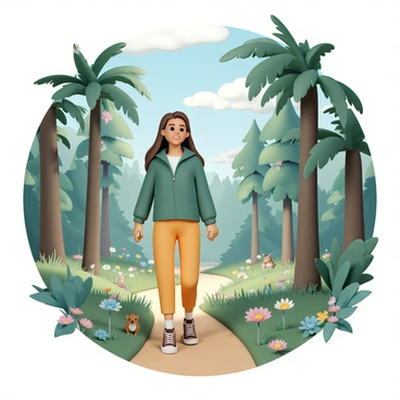A woman with long brown hair, wearing a green hiking jacket and brown hiking boots, is walking on a narrow trail through a lush forest. She has a smile on her face as she observes the surrounding wildlife. Tall trees with vibrant green leaves tower above her, and colorful flowers bloom along the path. A small bird perches on a nearby branch, while a squirrel scampers across the ground. Sunlight filters through the tree canopy, creating dappled patterns on the forest floor.