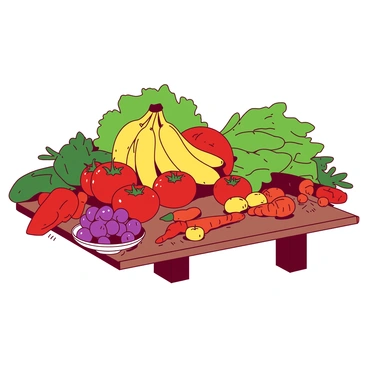 A red and yellow arrangement of fresh fruits and vegetables is displayed on a rustic wooden table. In the center, there are vibrant yellow bananas and ripe red tomatoes. Surrounding them are assorted green vegetables, including crisp green peppers and leafy lettuce. Bright orange carrots are scattered throughout the composition, and there is a small bowl filled with shiny purple grapes. The colorful produce is artfully arranged, showcasing the freshness and variety of the fruits and vegetables.