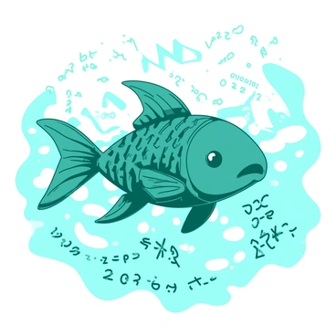 A teal whimsical mechanical fish with intricate gears and fins is swimming through a sea of white numbers and equations. The fish glimmers under an unseen light, casting reflections on the surrounding numbers. The equations swirl around the fish, creating a dynamic, flowing environment. The background is filled with various mathematical symbols and calculations floating in the water, adding to the sense of movement and wonder.
