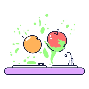 Two ripe fruits are in mid-air, colliding above a smooth countertop. One fruit is a round orange, and the other is a red apple. As they make contact, juice sprays outward in multiple directions. The countertop is reflecting the vibrant colors of the fruits. Small droplets of juice hover in the air, while some have splattered onto the countertop surface, creating a dynamic scene of motion. The background shows a faint outline of kitchen elements.