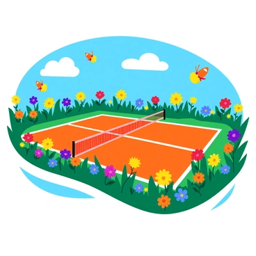 A padel court surrounded by a vibrant wildflower meadow filled with a variety of colorful blooms. The court is bordered by tall grass and an array of wildflowers in shades of yellow, red, purple, and blue. Brightly colored butterflies flutter around the flowers, while a clear blue sky overhead features a few fluffy white clouds drifting by. The sunlight casts soft shadows on the court, emphasizing its bright lines and net.