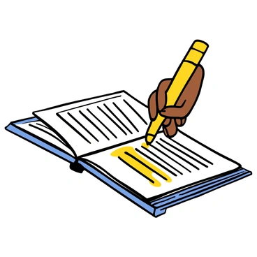 A close-up of a light-skinned hand with neatly trimmed nails holding a bright yellow highlighter. The hand is positioned above an open book with visible, printed text on the pages. The highlighter is making a vibrant streak across the lines of text, emphasizing important sections. The background is softly blurred, focusing attention on the hand and the highlighted text.
