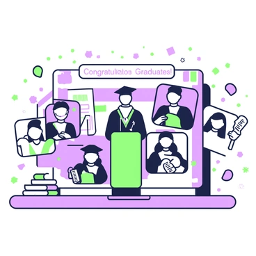 A virtual graduation ceremony is taking place on a digital platform. In the center, a group of students wearing black graduation caps and gowns are displayed in individual video boxes on the screen. Each student has a smile on their face. Some are holding their certificates proudly. In the background, a banner saying "Congratulations Graduates!" is visible. A speaker, also wearing a graduation gown and cap, is addressing the students, standing in front of a virtual backdrop featuring books and art supplies. The atmosphere is celebratory as confetti appears on the screen, creating a festive environment.