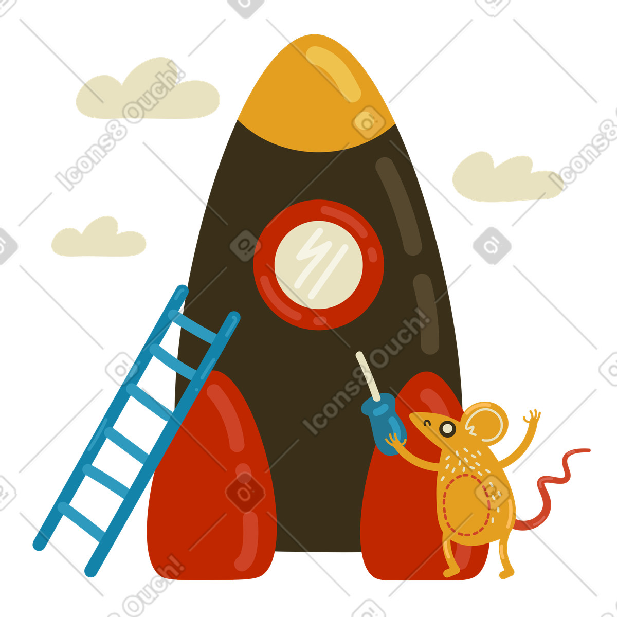 Mouse with screwdriver repairing a rocketship illustration in PNG, SVG
