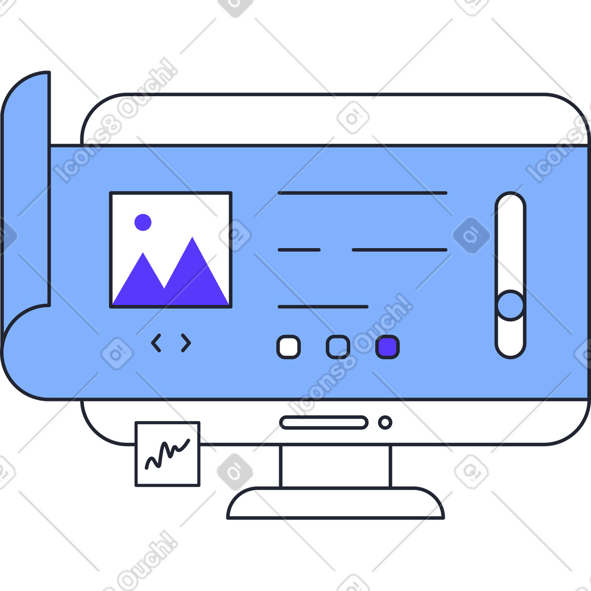 Website page blue design and desktop monitor illustration in Pablita style download in PNG, SVG