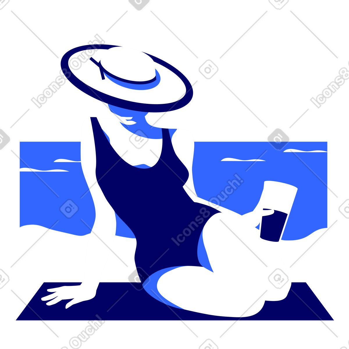 Frau entspannt am strand mit cocktail-Illustration im Lounge-Stil als Download in PNG, SVG