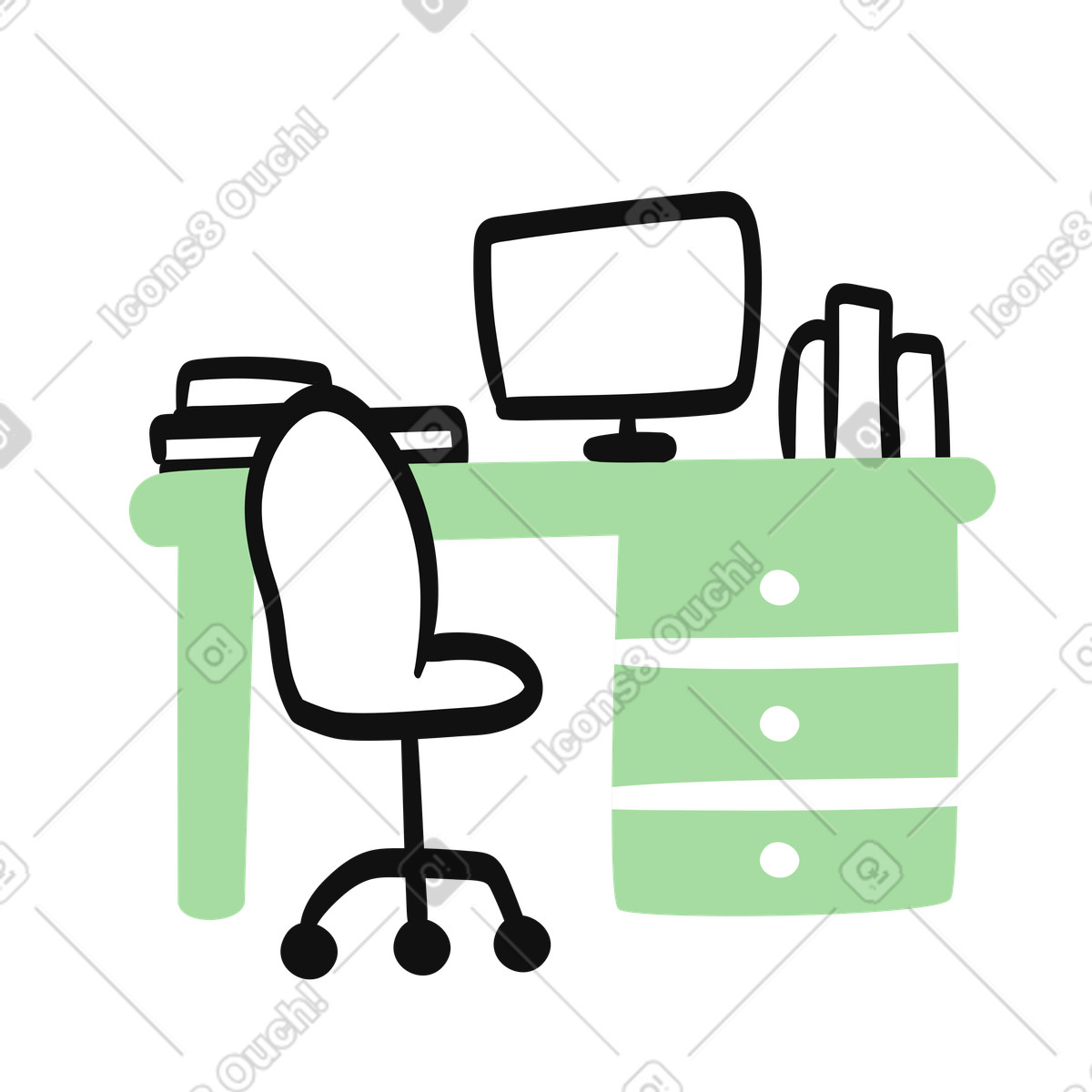 下载 Organic 风格的 Workplace desk setup with rolling chair and desktop monitor 插画，支持 PNG、SVG 格式