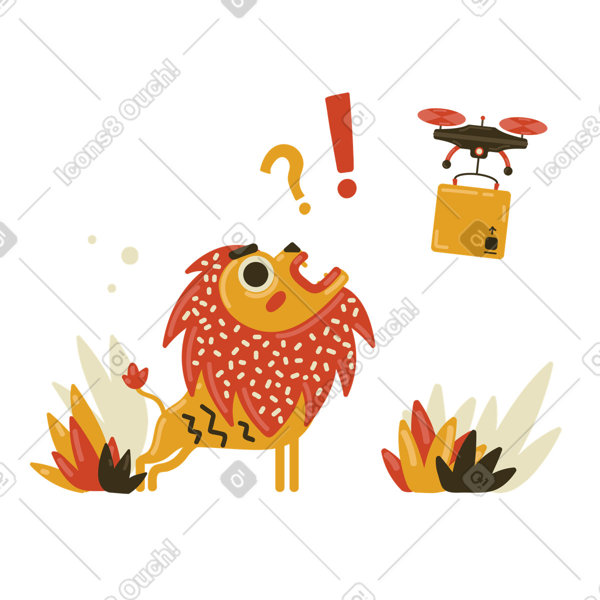 Verwirrter löwe blickt auf lieferdrohne-Illustration im Arabica-Stil als Download in PNG, SVG