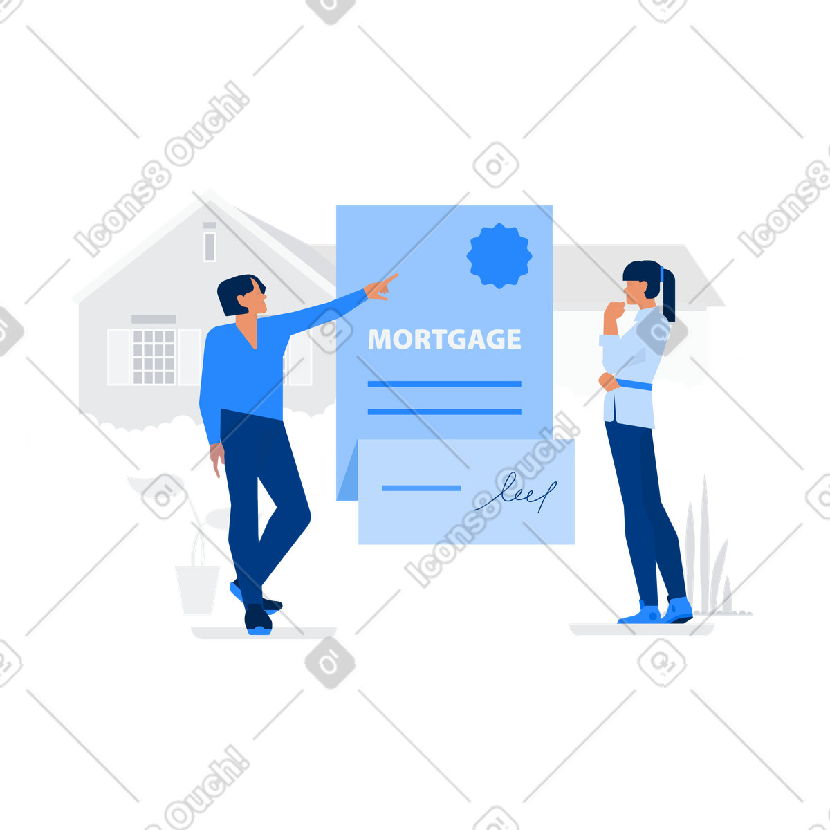 Couple with mortgage agreement contract illustration in Urban style download in PNG, SVG
