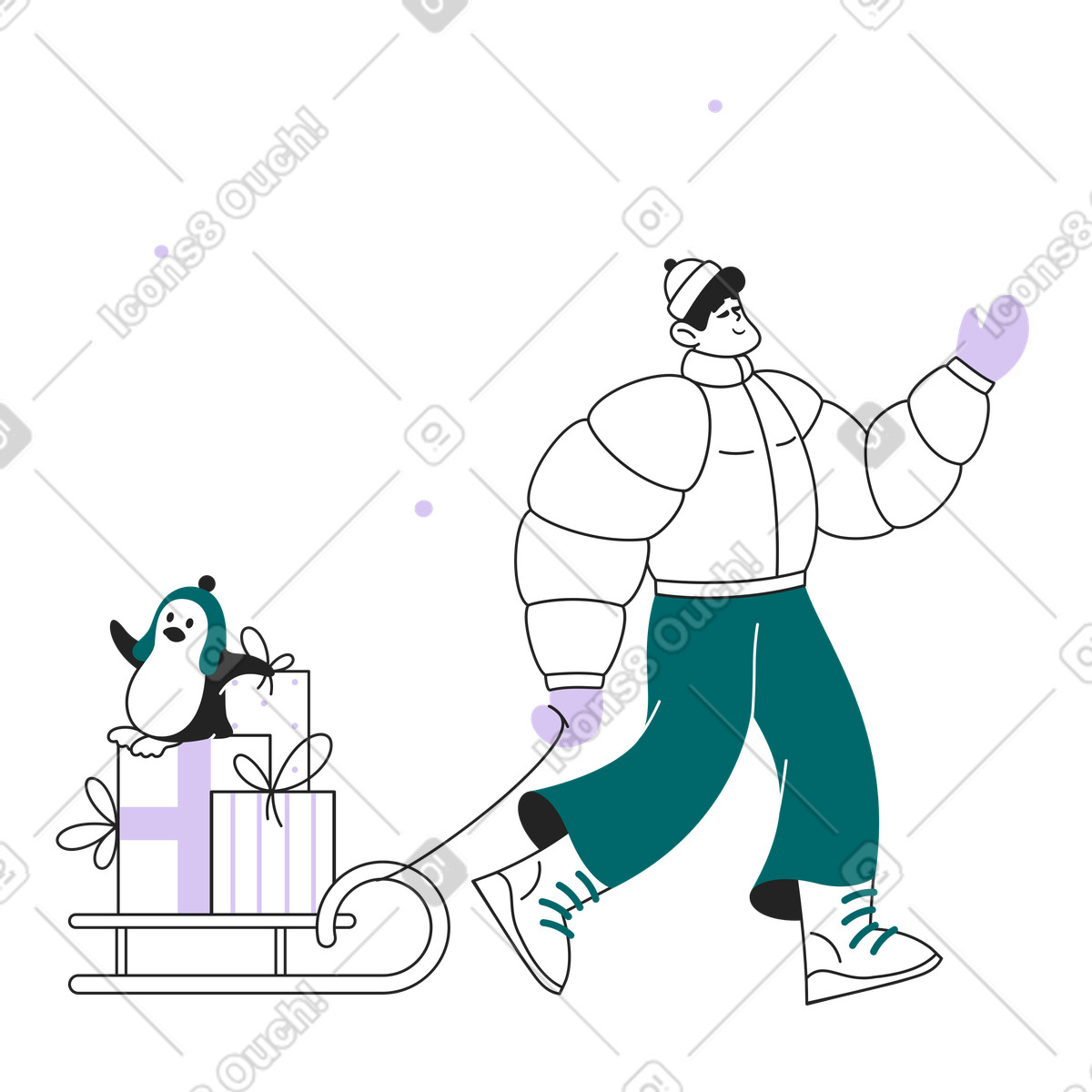 Illustration Un gars et pingouin font de la luge dans le style Sammy Line à télécharger aux formats PNG, SVG