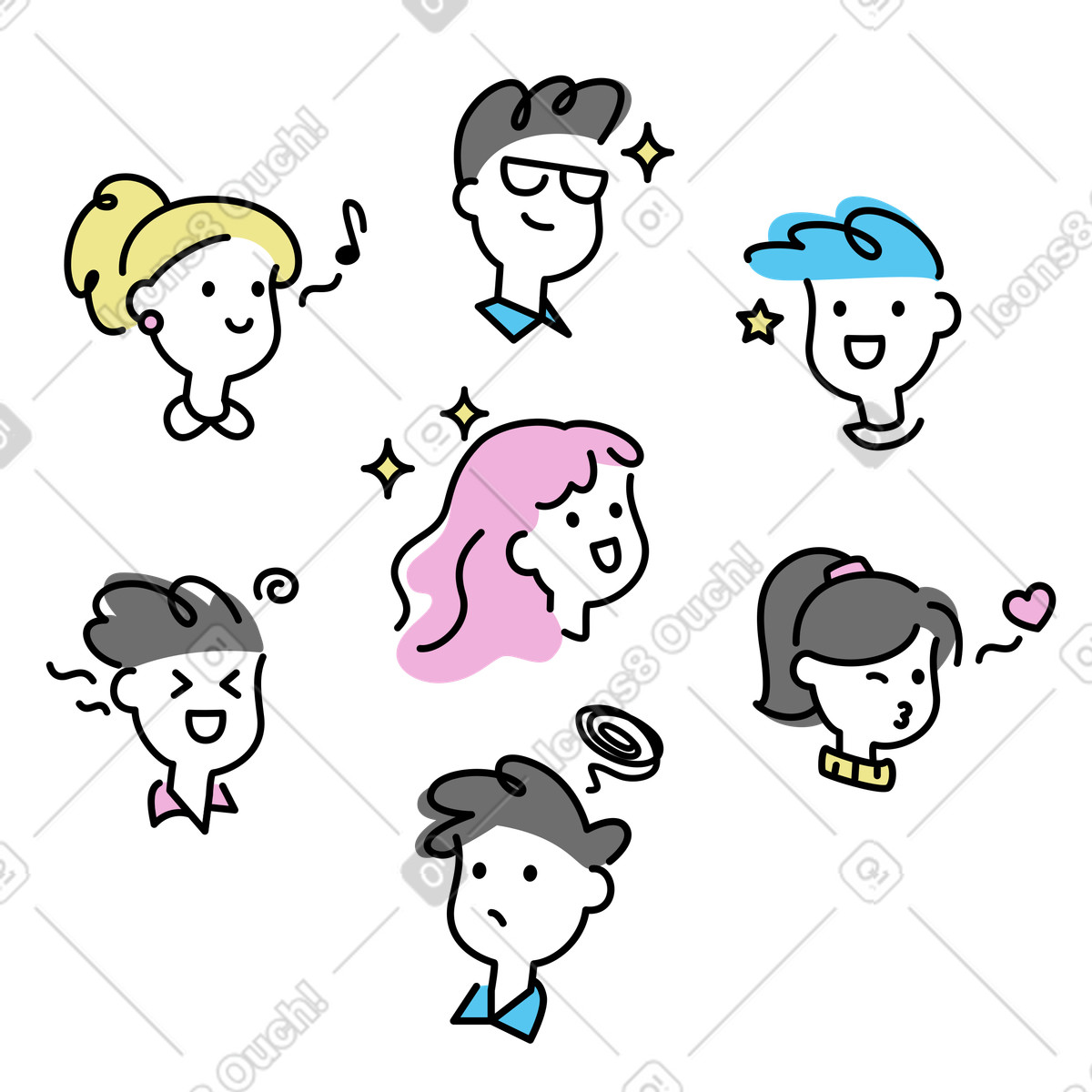 Ilustración Avatares, disparos a la cabeza de varias caras. en estilo Mochi descargar en PNG y SVG