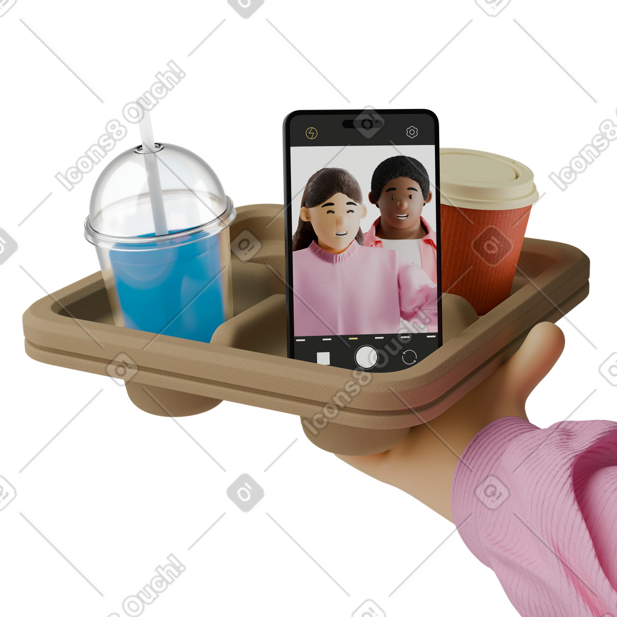 Friends taking selfie on phone with drinks, Social moments and friendship illustration in 3D Kindy style download in PNG, SVG