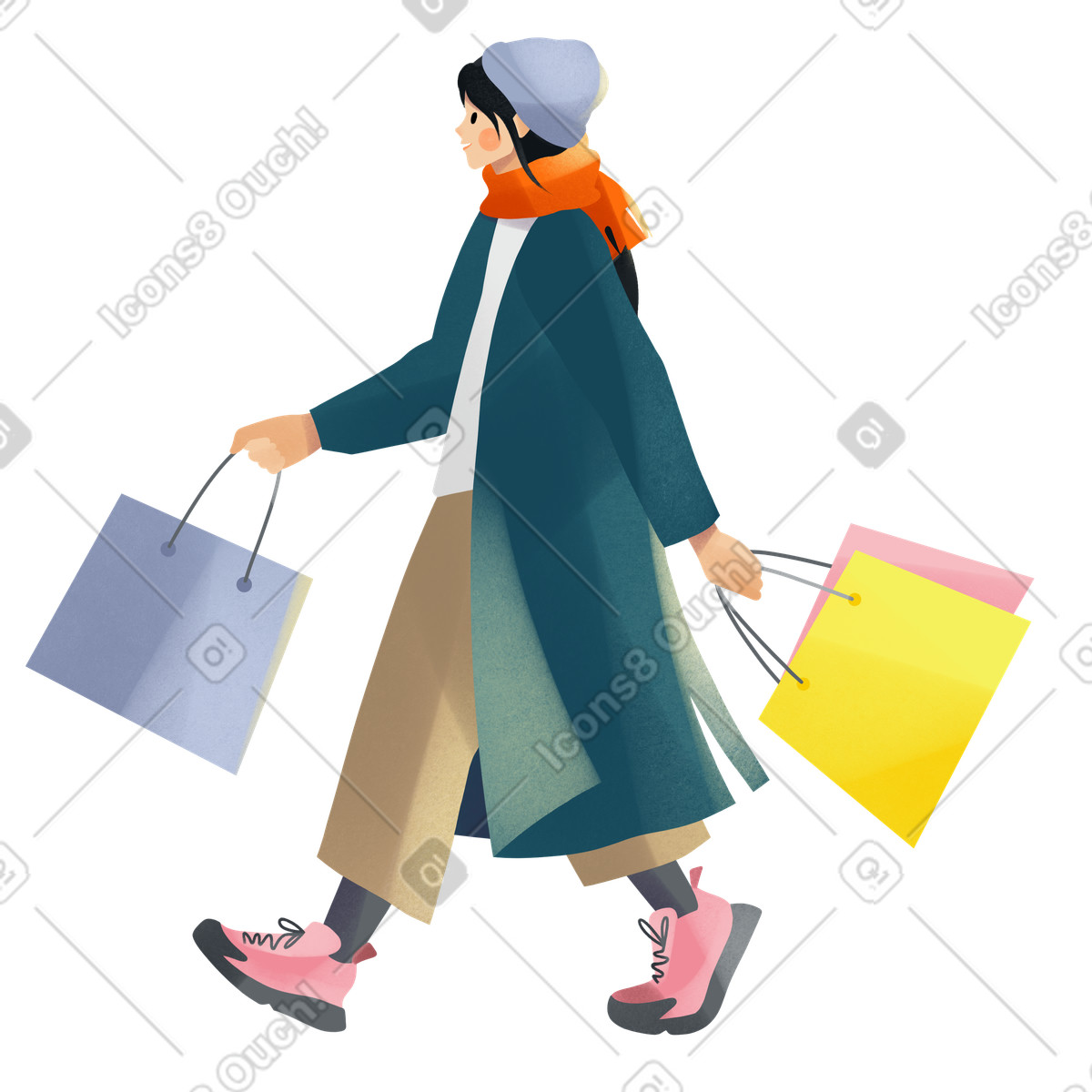 Young woman walking after shopping animated illustration in Shine style download in GIF, Lottie (JSON), AE