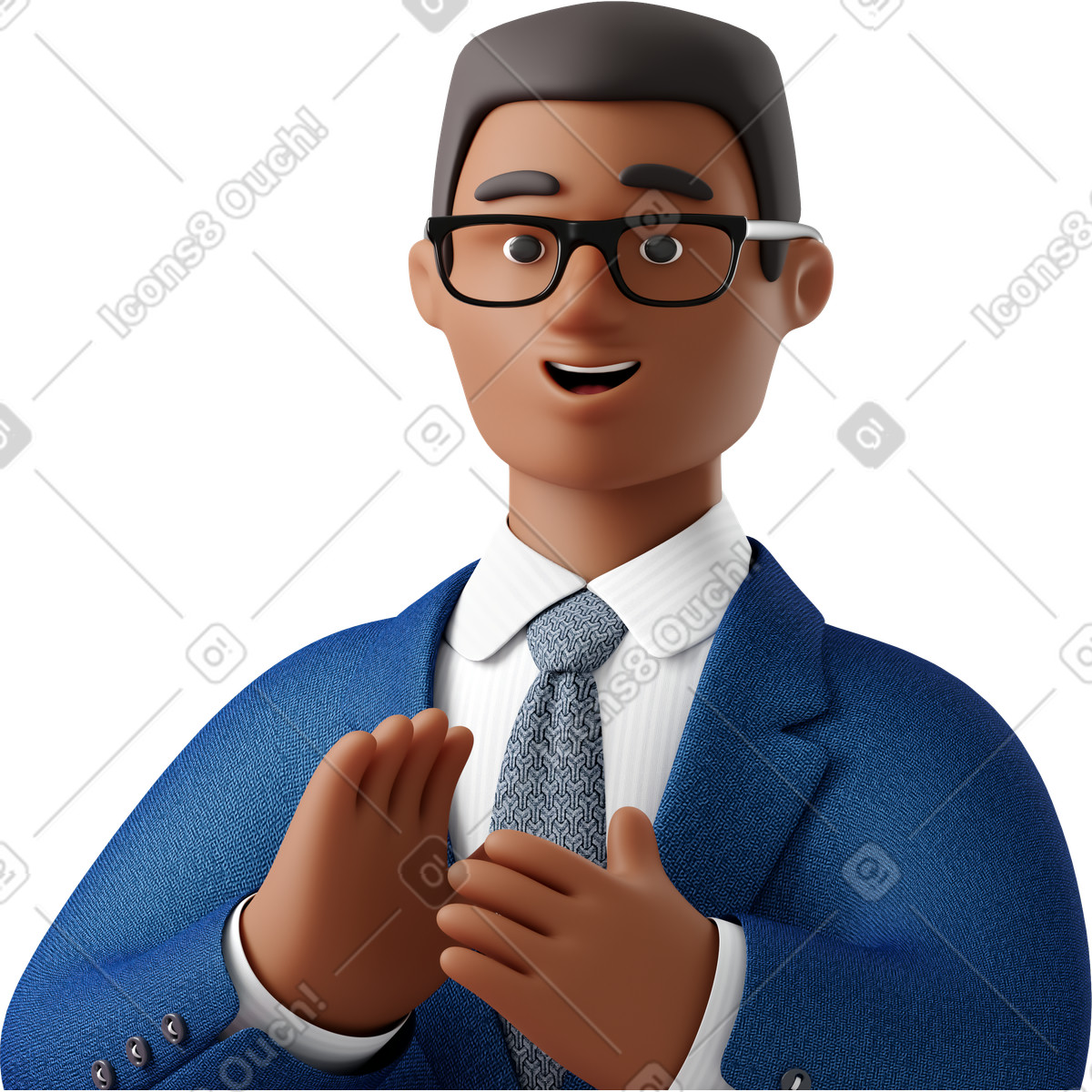 3D Business スタイルの Close up of black businessman in blue suit applauding のイラストをPNG、SVG形式でダウンロード