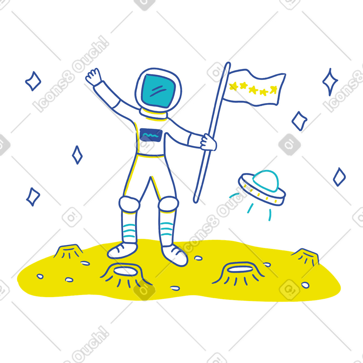 Ilustração de Astronauta acenando enquanto segura uma bandeira em no estilo Lime para baixar em PNG, SVG