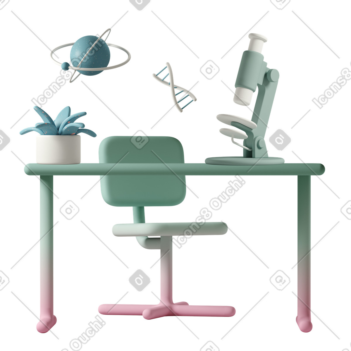 Science lab featuring chair and desk with microscope pot plant-Illustration im 3D Casual life-Stil als Download in PNG, SVG