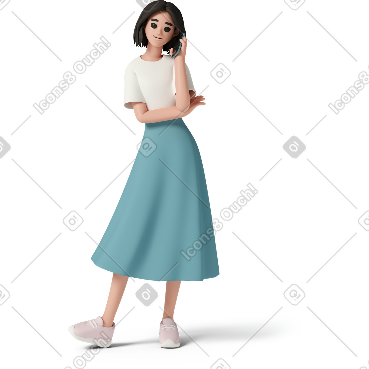 下载 3D Casual life 风格的 Young woman speaking on cellphone 插画，支持 PNG、SVG 格式