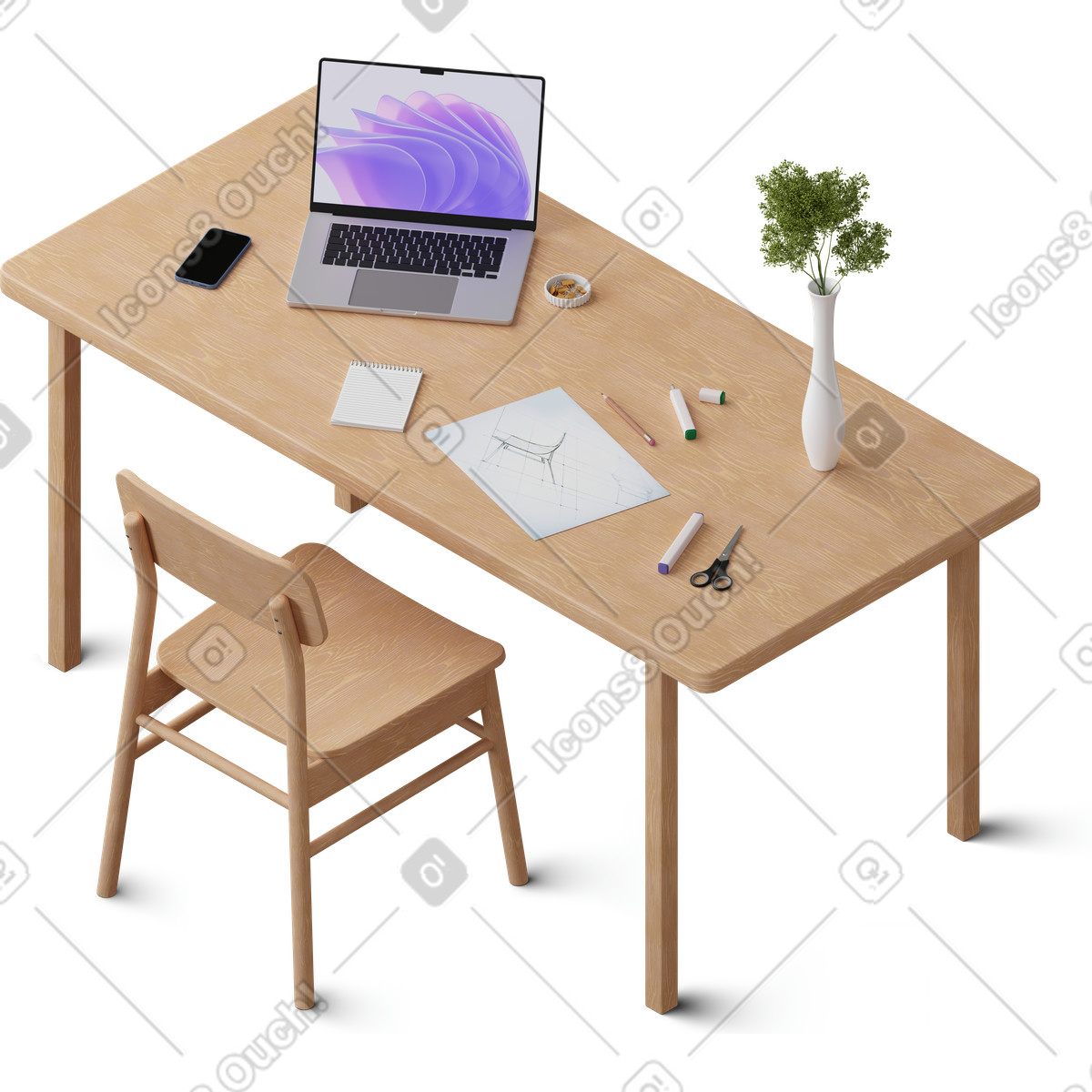 Illustration Vue isométrique du bureau avec ordinateur portable, bloc-notes et croquis de chaise dans le style 3D Hygge à télécharger aux formats PNG, SVG