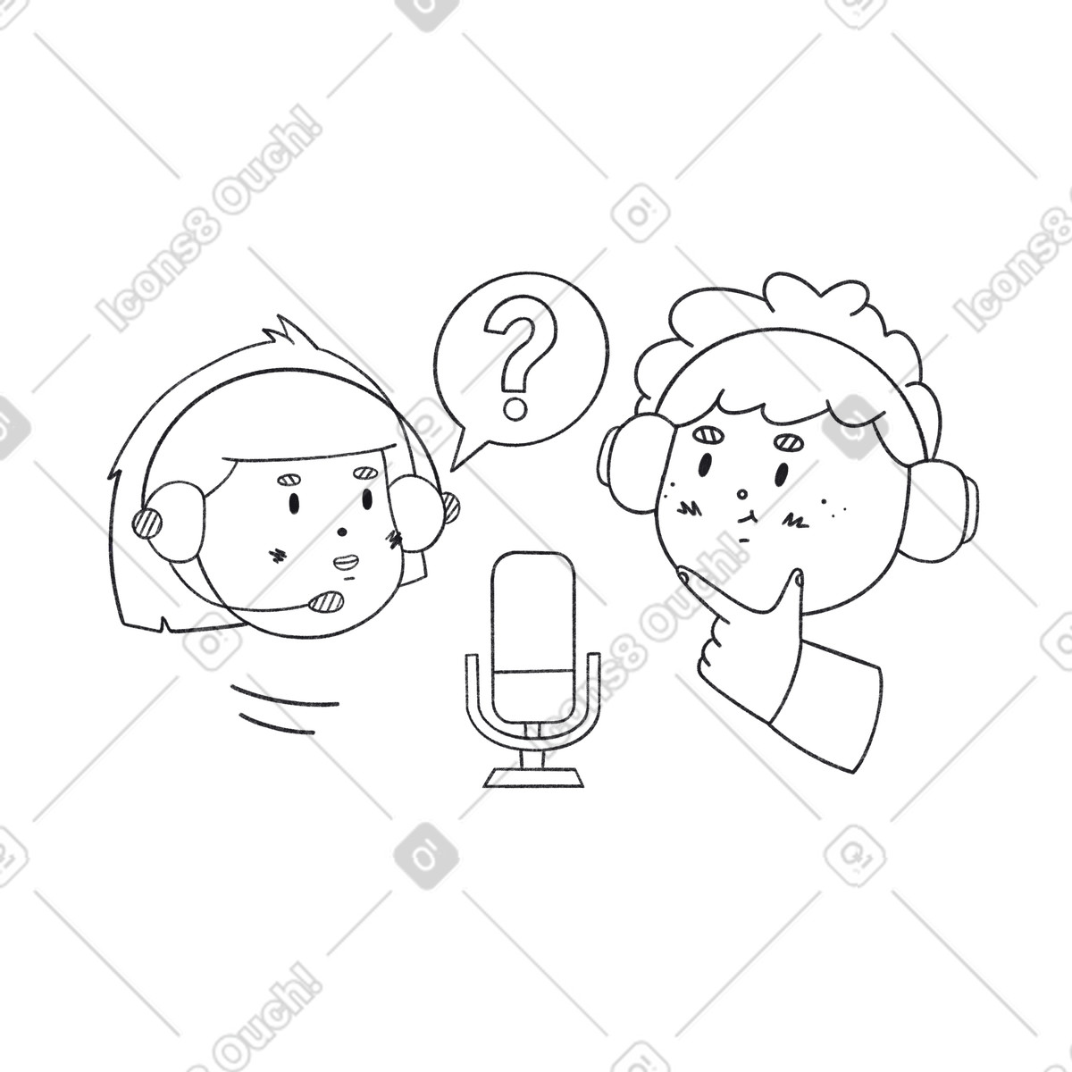 Bonbon Line スタイルの Hosts recording audio together, Content creation and broadcasting のイラストをPNG、SVG形式でダウンロード