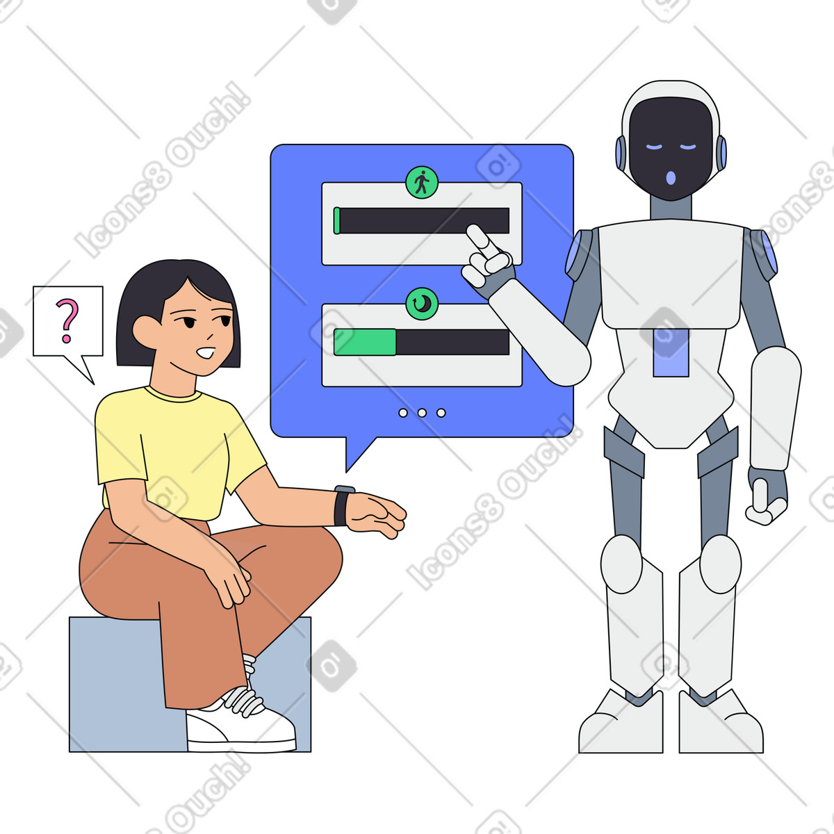 Illustration Un robot ia analyse la santé d'une femme grâce à une montre connectée dans le style Teko télécharger aux formats PNG, SVG