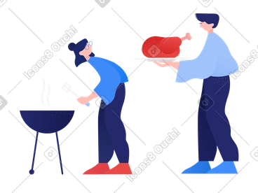 L'homme porte un poulet pour qu'une fille le grille PNG, SVG