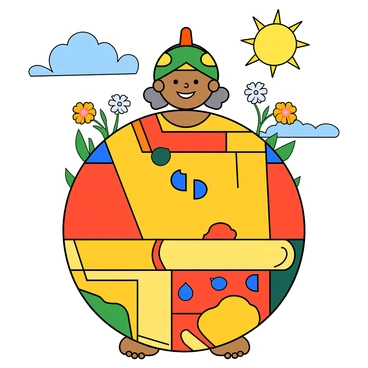 A representation of an "onathappan," depicted as a large, circular figure with a smiling face. The body features a variety of abstract shapes like triangles, circles, and squares in vibrant colors such as bright yellows, deep reds, and blues. There are decorative elements like flowers and fruits arranged around the figure. The onathappan is adorned with a colorful headdress, and there are playful patterns filling its body. The background consists of a few stylized clouds and a sun shining down from a clear blue sky.