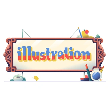 A vintage shop sign is displayed prominently, featuring the word "illustration" in a bold, retro typography. The sign has an ornate wooden frame with intricate carvings and a weathered finish. The letters of "illustration" are painted in bright colors, with a combination of blue, red, and yellow, each character uniquely styled with flourishes. The background of the sign is a soft cream color, enhancing the vibrant hues of the lettering. Scattered around the sign are small decorative elements, such as vintage paintbrushes and ink pots, emphasizing the theme of art and creativity. The overall look conveys a nostalgic charm, inviting passersby to explore the shop.