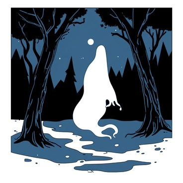 A ghostly wraith with a translucent appearance is floating silently through a dark forest. The wraith's form is ethereal, with flowing tendrils that seem to blend into the shadows around it. Towering trees with gnarled branches surround the wraith, their dark silhouettes creating a foreboding atmosphere. The ground is covered in a thin layer of mist that swirls gently around the wraith's feet, adding to the eerie ambiance. In the distance, the faint glow of moonlight filters through the dense foliage, illuminating patches of the forest floor.