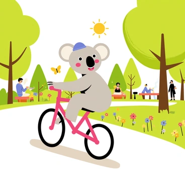 A playful koala with gray fur and large round ears is riding a bright red bicycle. The koala wears a small blue helmet for safety. The park is filled with lush green trees and colorful flowers lining the path. A few cheerful butterflies flutter around, adding to the lively atmosphere. In the background, there are people enjoying the day, sitting on benches, and a fountain splashing water nearby. The sun shines brightly, casting playful shadows on the ground.