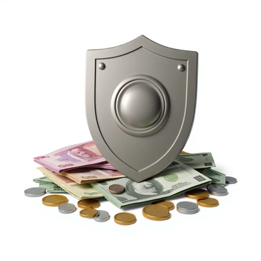 A 3D shield protecting a pile of currency and coins