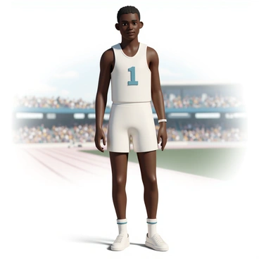 A young male athlete, Jesse Owens, is depicted wearing 1930s athletic attire, including a fitted sleeveless jersey with the number "1" on the front and tight, knee-length shorts. His athletic shoes are simple and functional. He stands confidently on a running track, with a stadium filled with spectators in the background, capturing the excitement of a sporting event. The sun casts a soft light, highlighting the determination on his face and the details of his outfit.